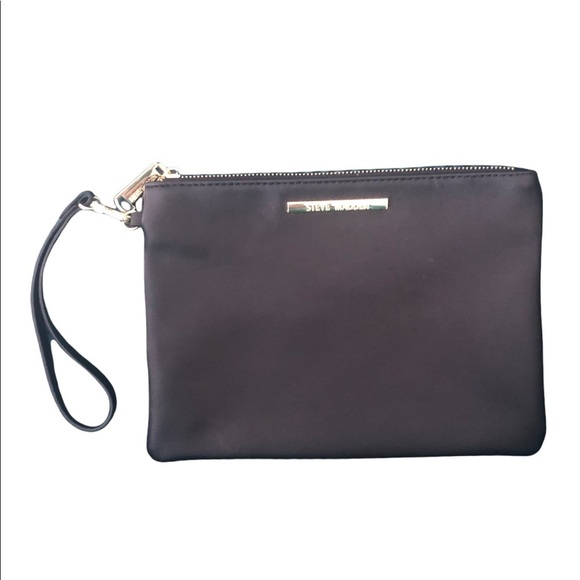 Steve Madden Faux Leather Clutch Wristlet Black Top Zip Logo Lined 9.5X7 - Picture 1 of 4